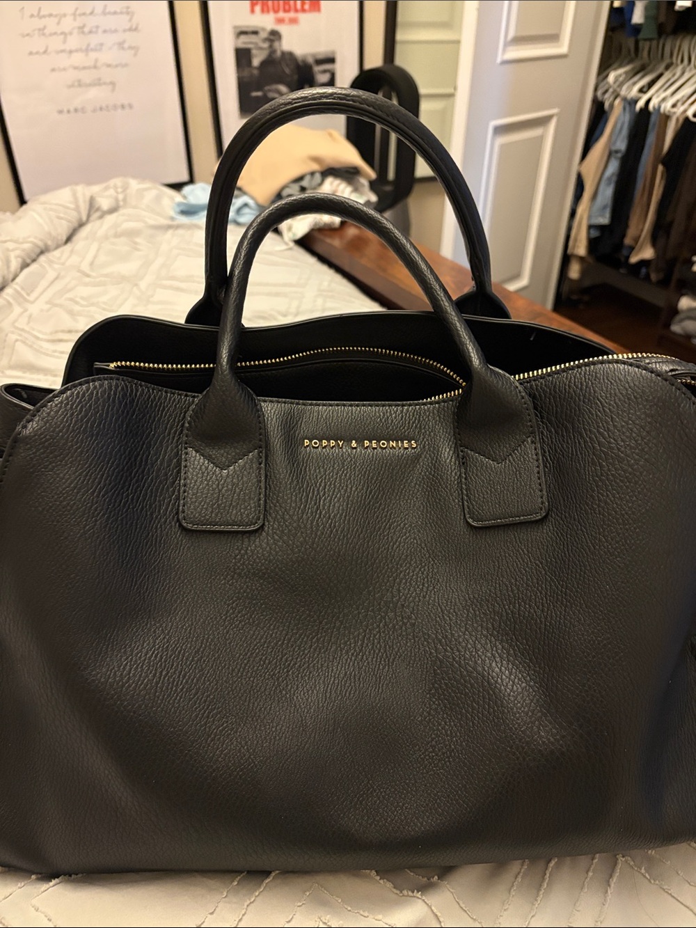 Poppy & Peonies Black Pebbled Leather Satchel with Gold Logo